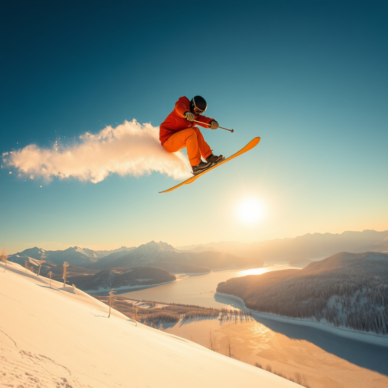 Skier in Orange Suit Mid-air Jump