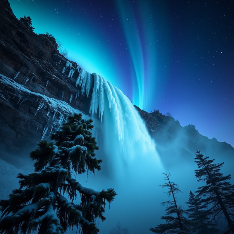 Frozen Waterfall Under Aurora