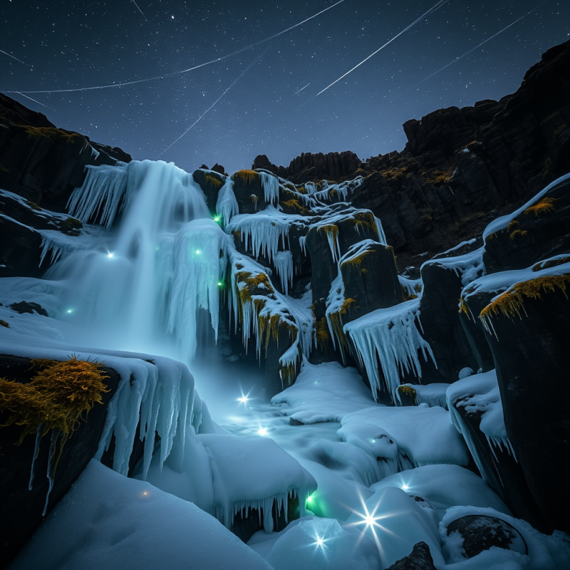 Frozen Waterfall at Night