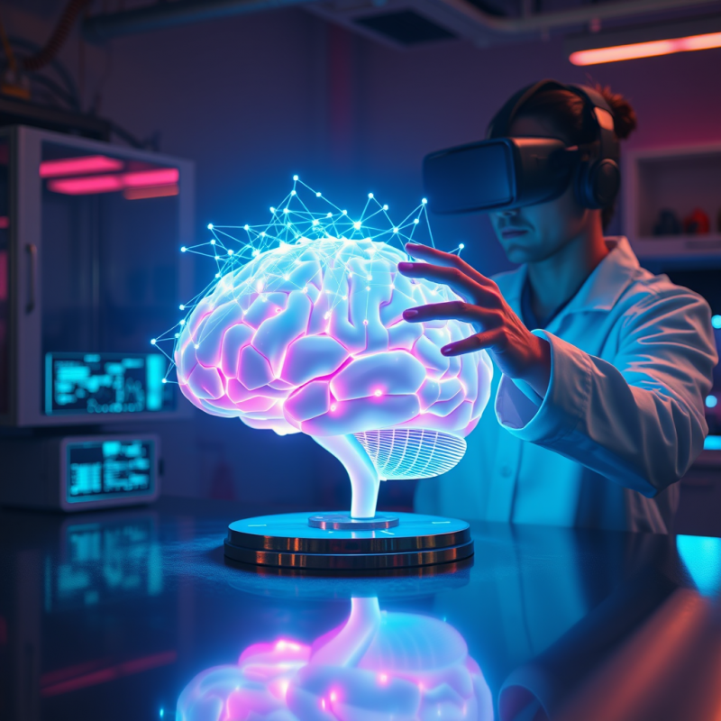 Scientist Interacting with Glowing Brain Model