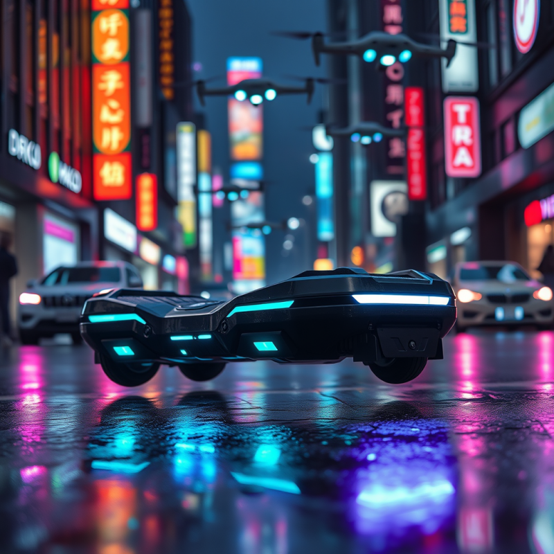Futuristic Hoverboard on Neon Street