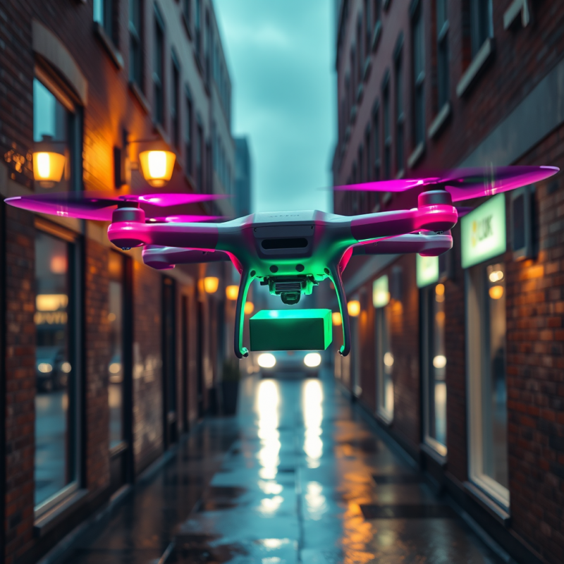 Drone Delivering Package in Neon Alley