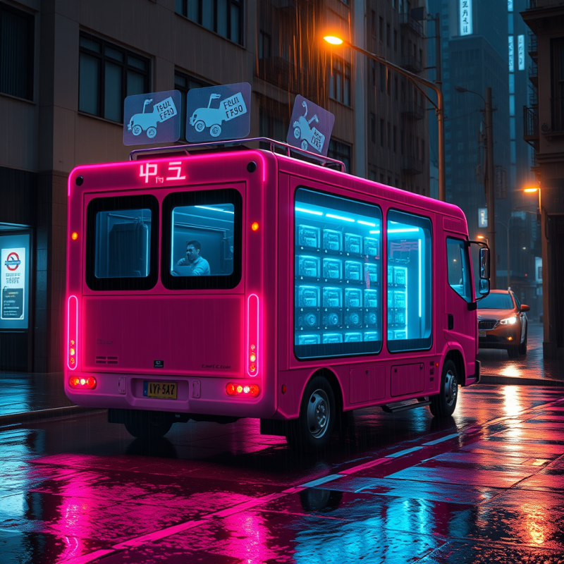 Pink Food Truck on Rainy Neon Street