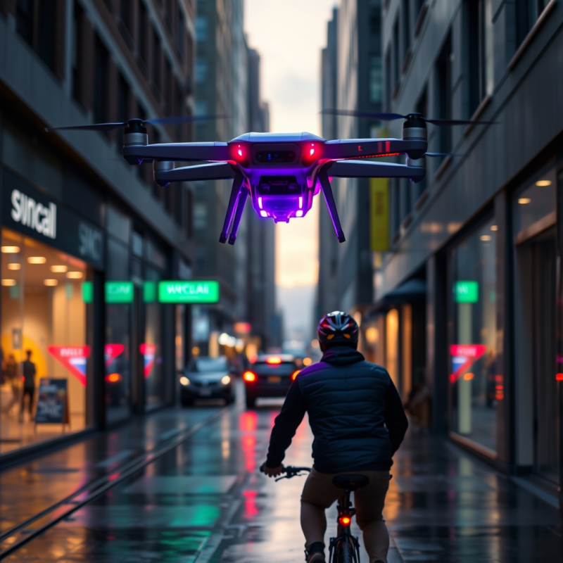 Biker with Drone in City Alley