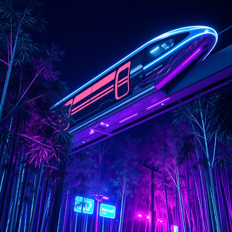 Neon Monorail Through Bamboo Forest