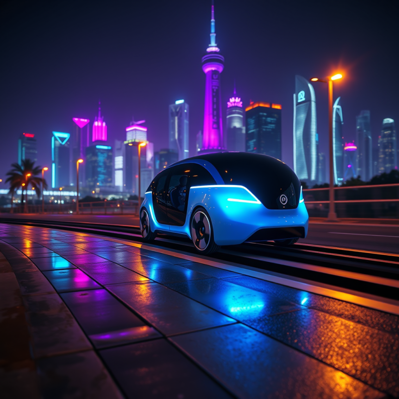 Futuristic Self-driving Car in Neon City