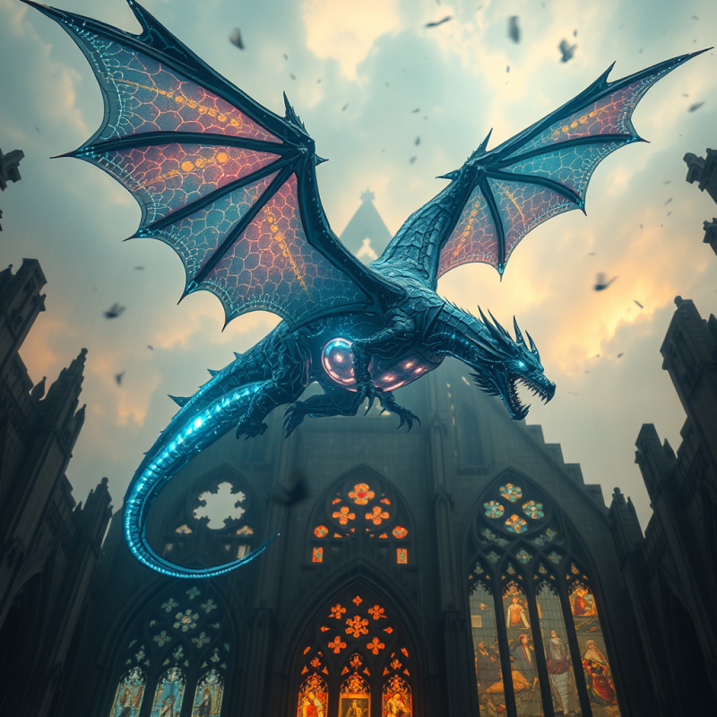 Glowing Cyber Dragon Over Gothic Cathedral