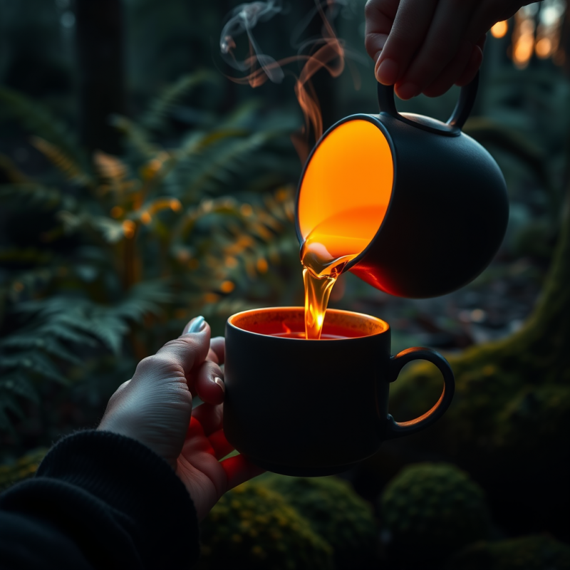 Hands Pouring Hot Tea in Forest