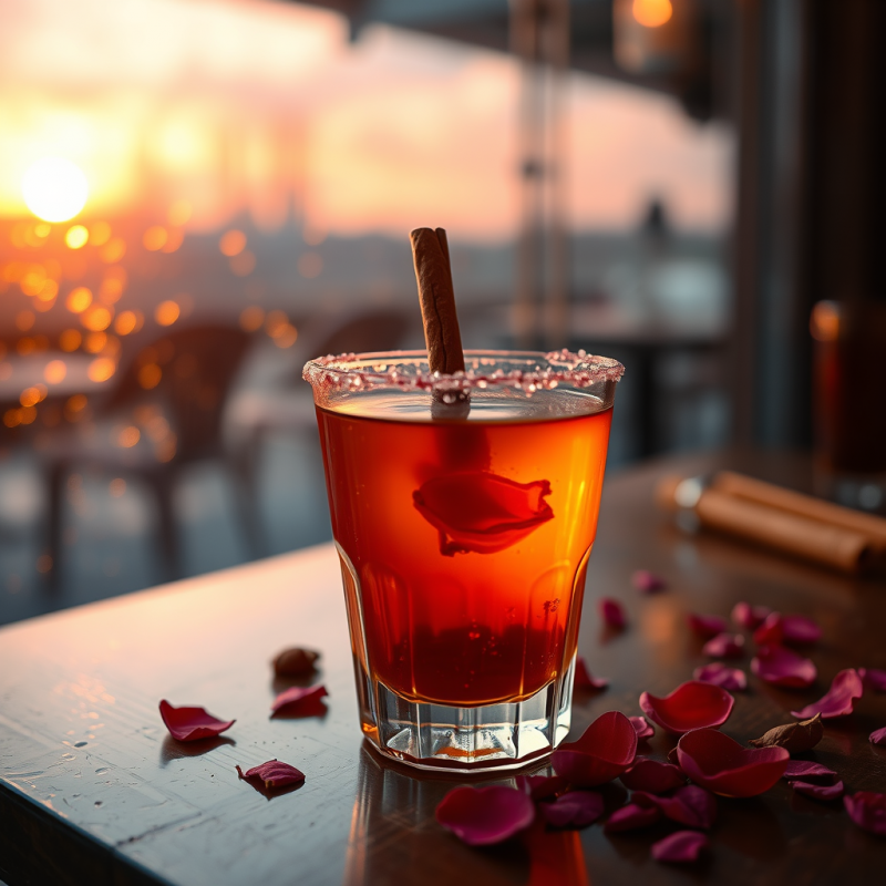Spiced Cocktail with Rose Petals at Sunset