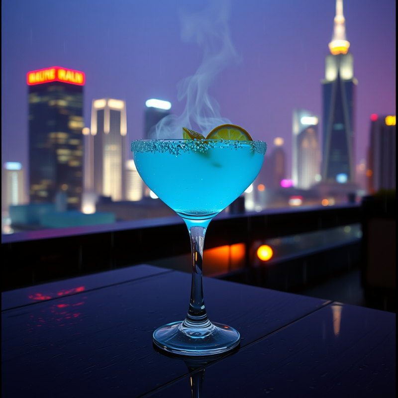 Blue Cocktail with Smoke on Rooftop