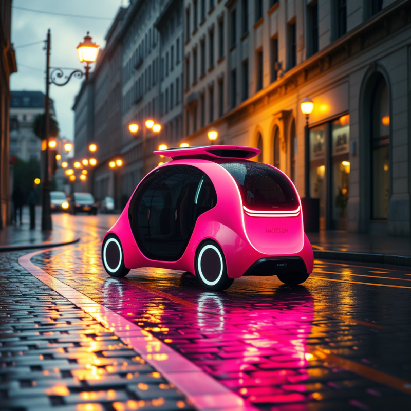 Pink Futuristic Car on Wet Street