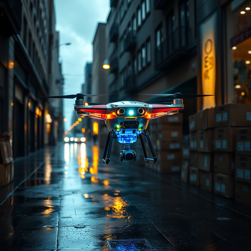 Drone Hovering Over Wet City Street