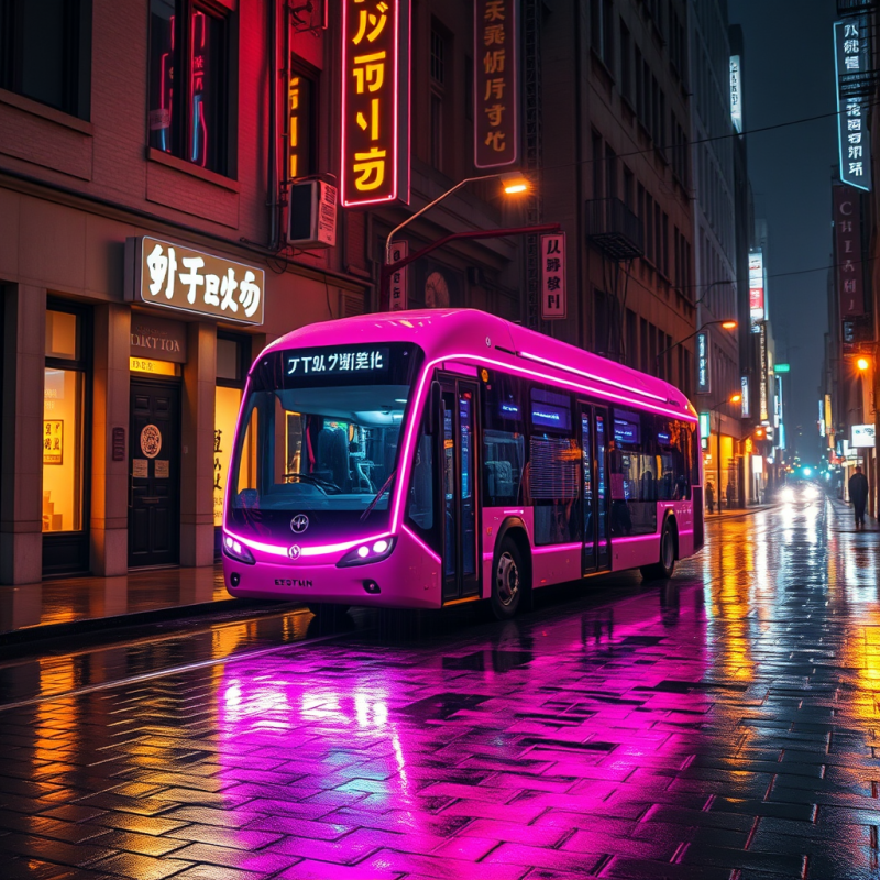 Pink Futuristic Bus on Neon Street