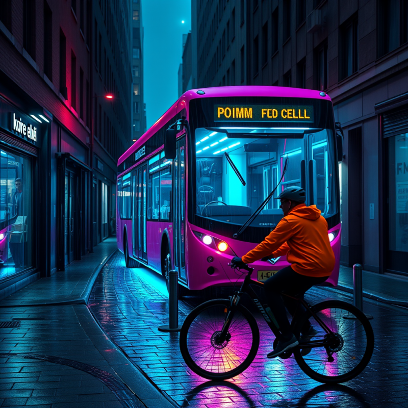 Biker on Neon-purple Bus Street