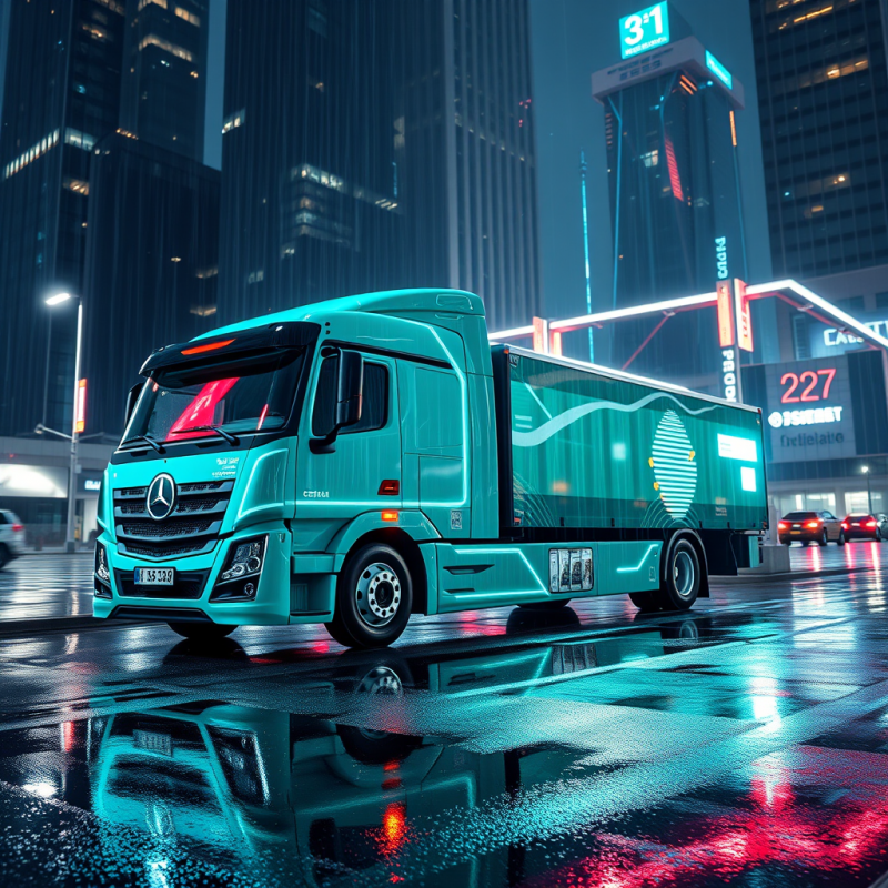 Teal Semi Truck in Neon City Rain