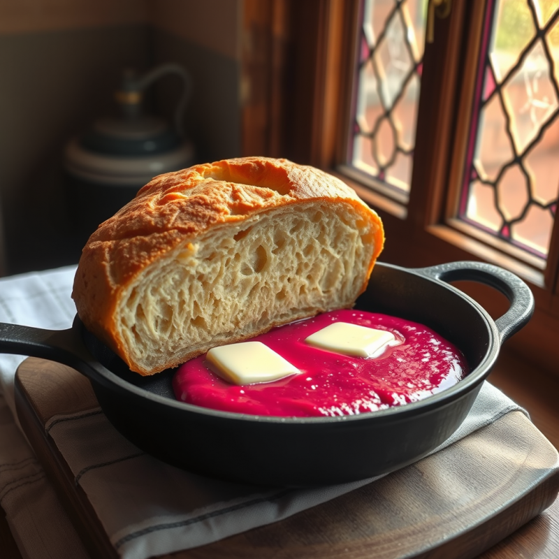 Fresh Bread with Butter in Cast Iron Skillet
