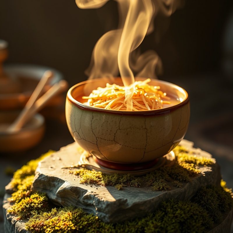 Steaming Bowl of Noodles on Mossy Stone