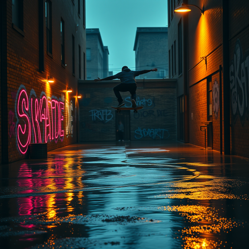 Skateboarder Mid-air in Neon Alley