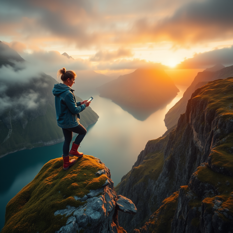 Woman on Cliff Capturing Sunset