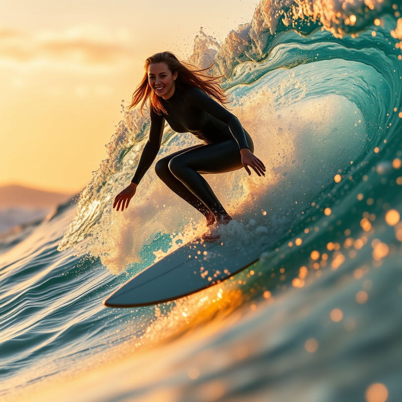 Surfer Riding Wave at Sunset