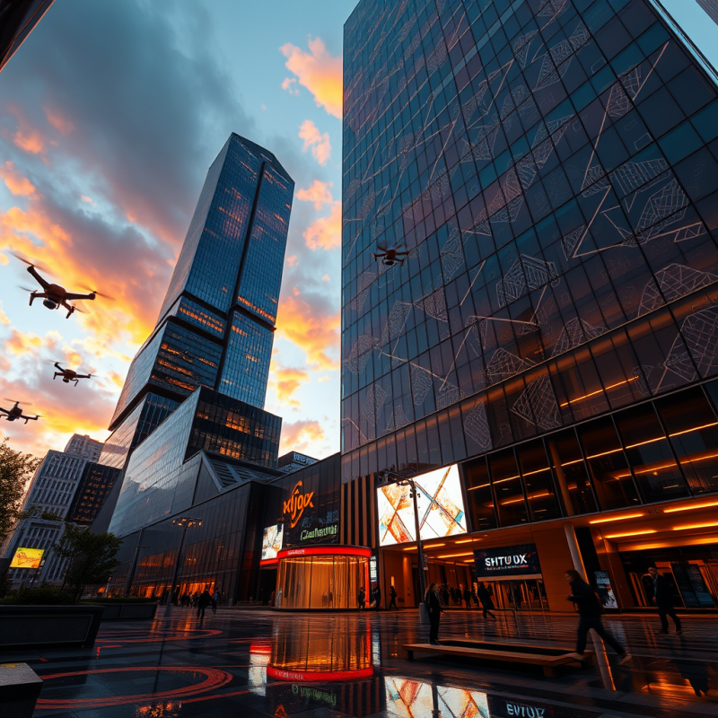Drones Flying Over Futuristic City Skyscrapers