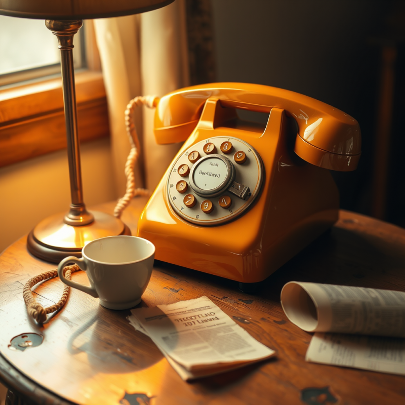 Orange Rotary Phone on Wooden Desk