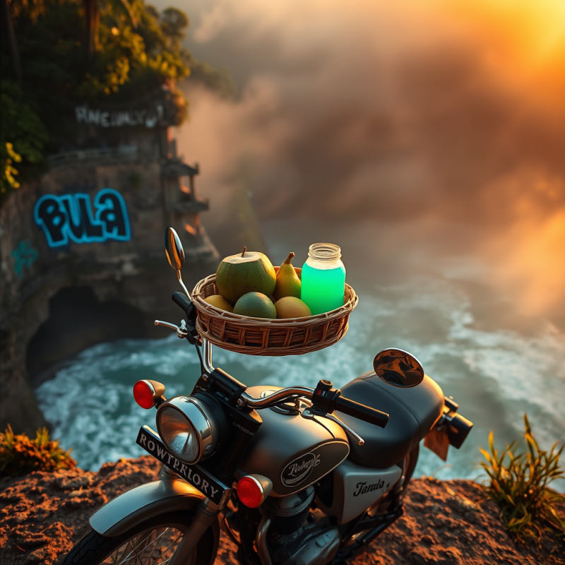 Motorcycle with Fruit Basket on Cliff