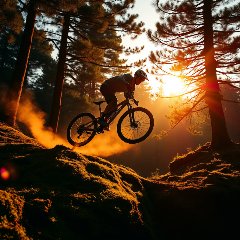 Mountain Biker Leaping Through Sunset Forest