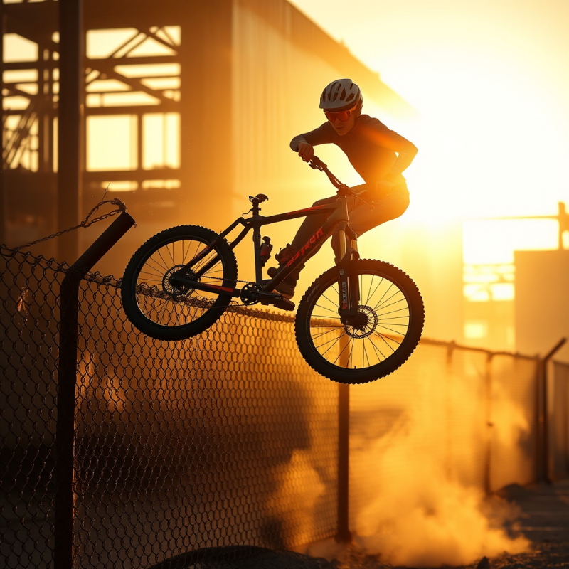 Mountain Biker Leaping Over Fence