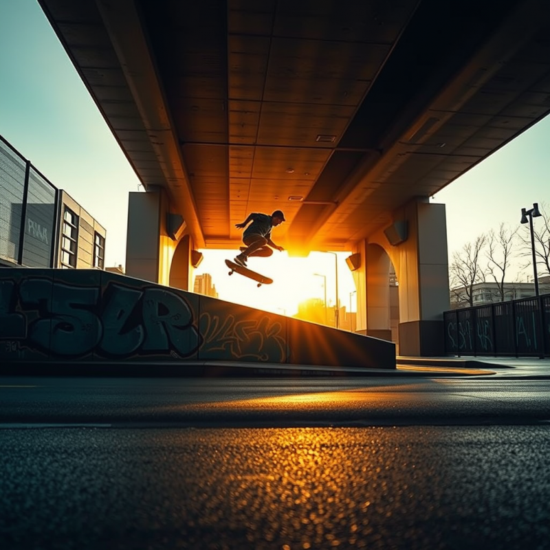 Skateboarder Jumping Under Bridge at Sunset