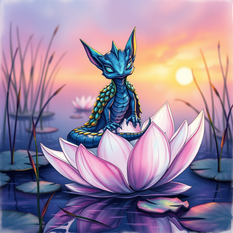 Blue Dragon Sitting on Lotus Flower