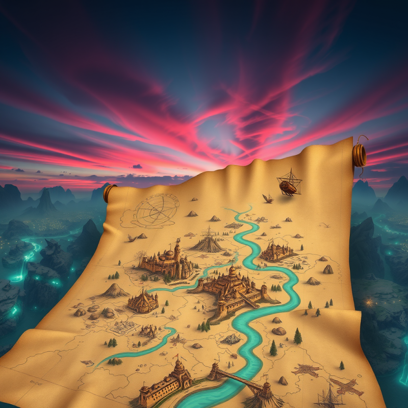 Fantasy Map Unfolding Under Pink Sky