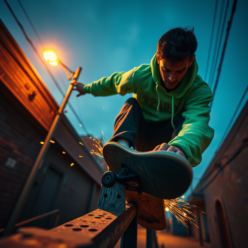 Skateboarder Grinding Rail at Dusk