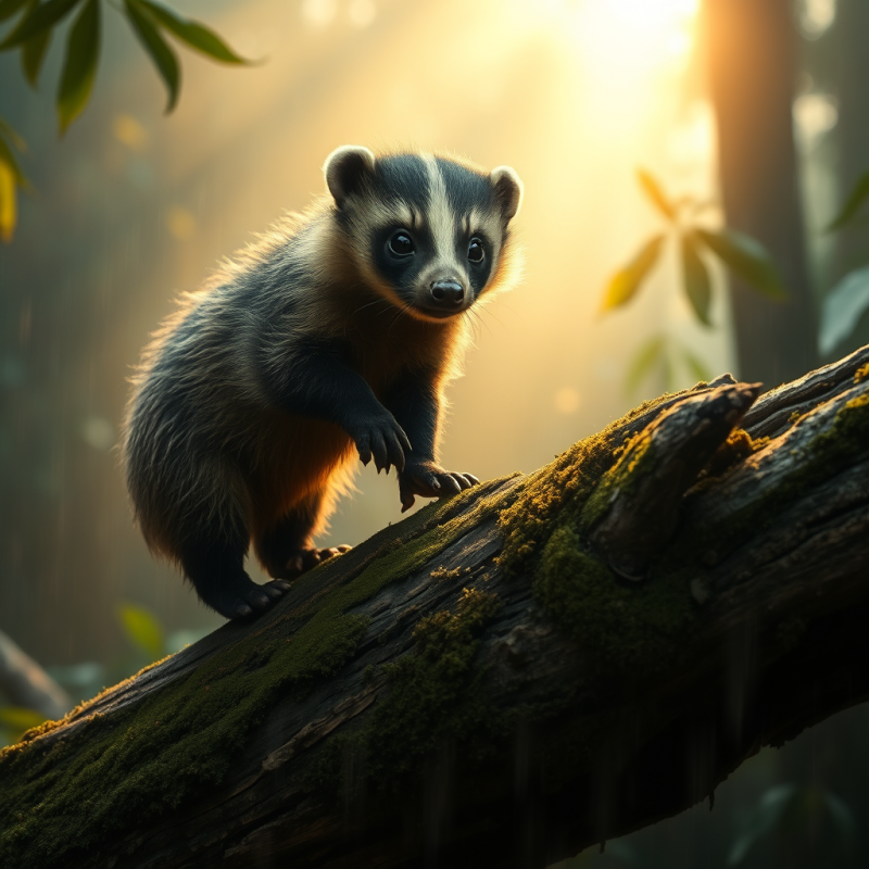 Badger Cub on Mossy Log in Forest