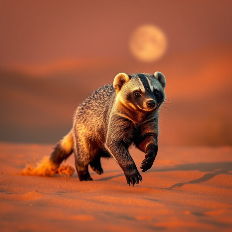Badger Running in Desert Sunset