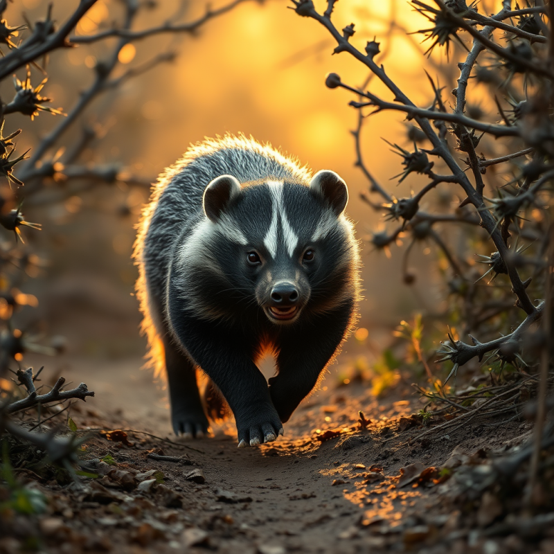 Badger Walking Through Thorns at Sunset