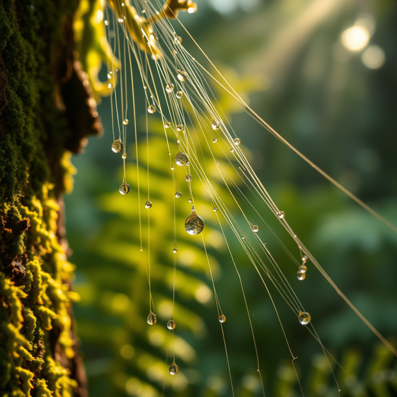 Golden Dew Drops on Mossy Branch