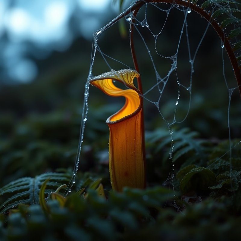 Glowing Pitcher Plant with Dewy Spider Web