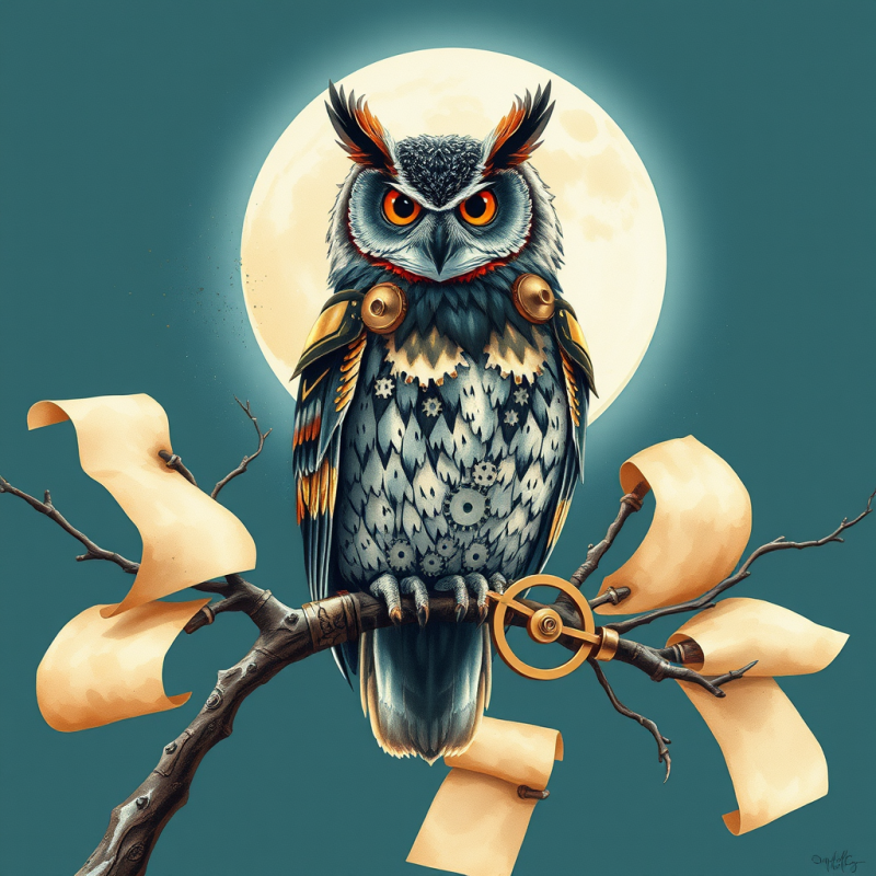 Steampunk Owl on Moonlit Branch