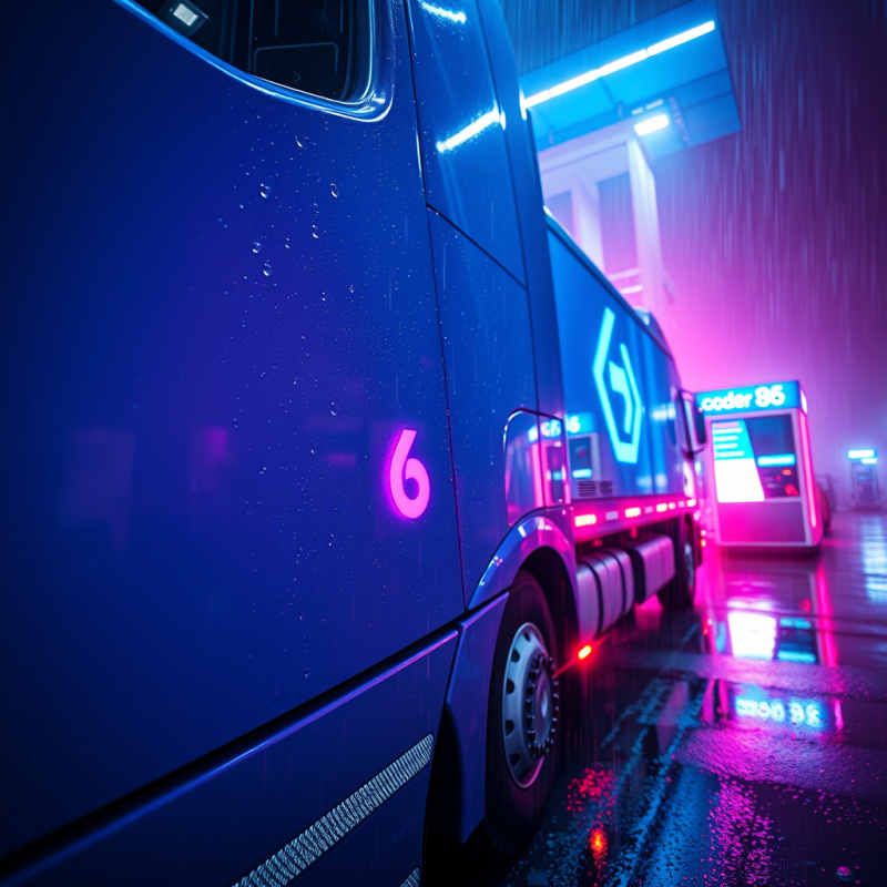 Blue Truck in Neon Rain