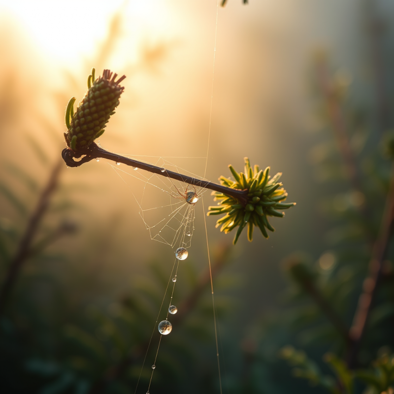 Spider Web with Dew Drops on Branch