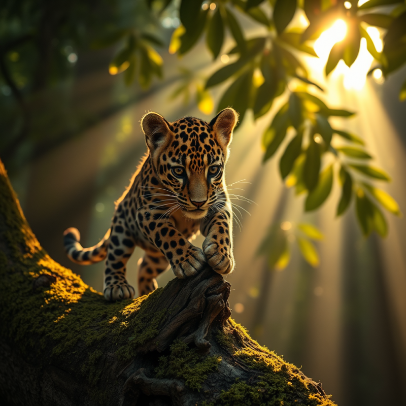 Jaguar Cub on Mossy Tree Branch