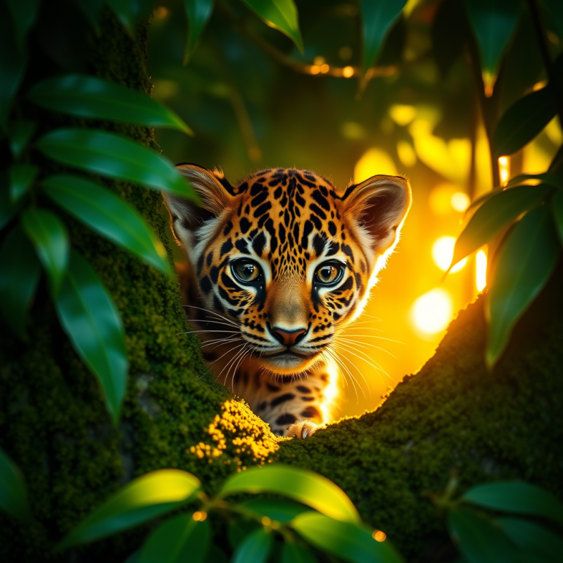 Jaguar Cub Peeking Through Leaves
