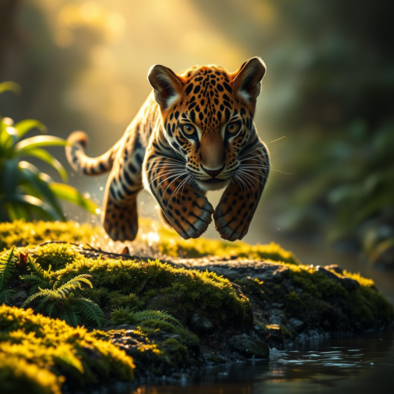 Jaguar Leaping Over Mossy Rock