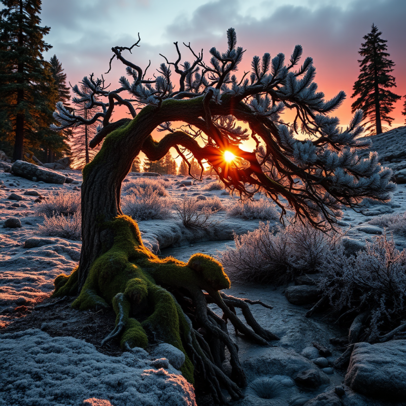 Bent Pine Tree at Frosty Sunset