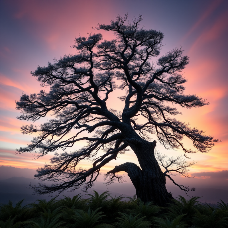 Silhouetted Tree Against Sunset Sky