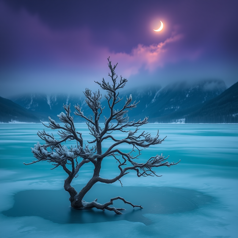 Frozen Tree on Ice Lake Under Moon