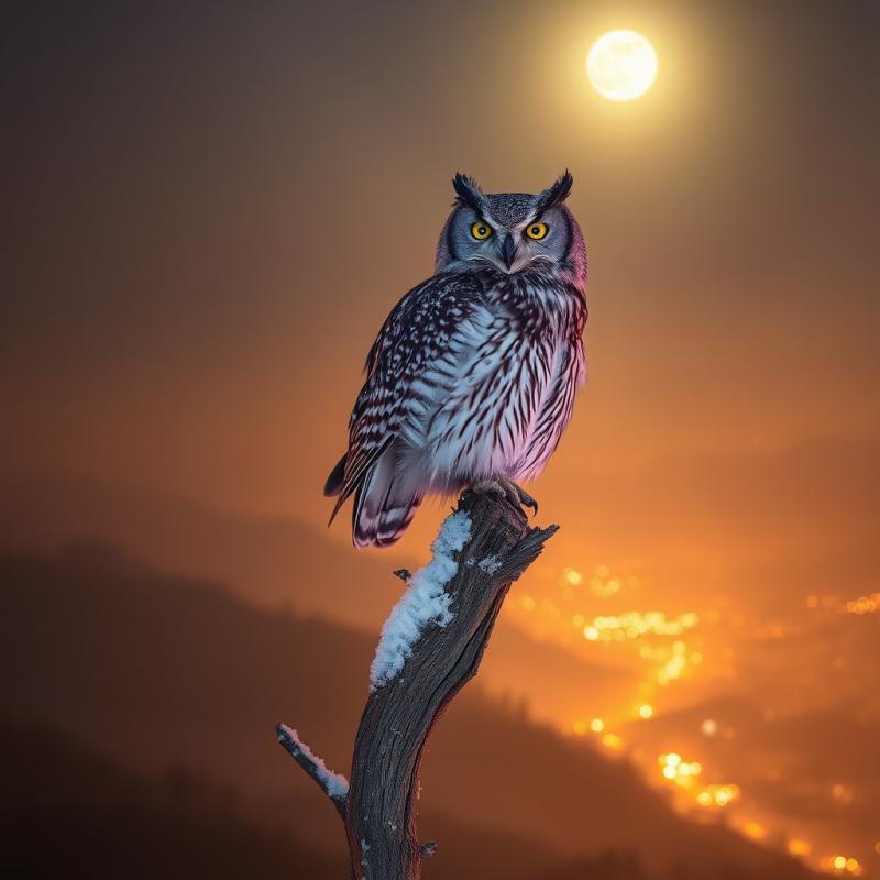 Owl Perched on Snowy Branch Under Moon