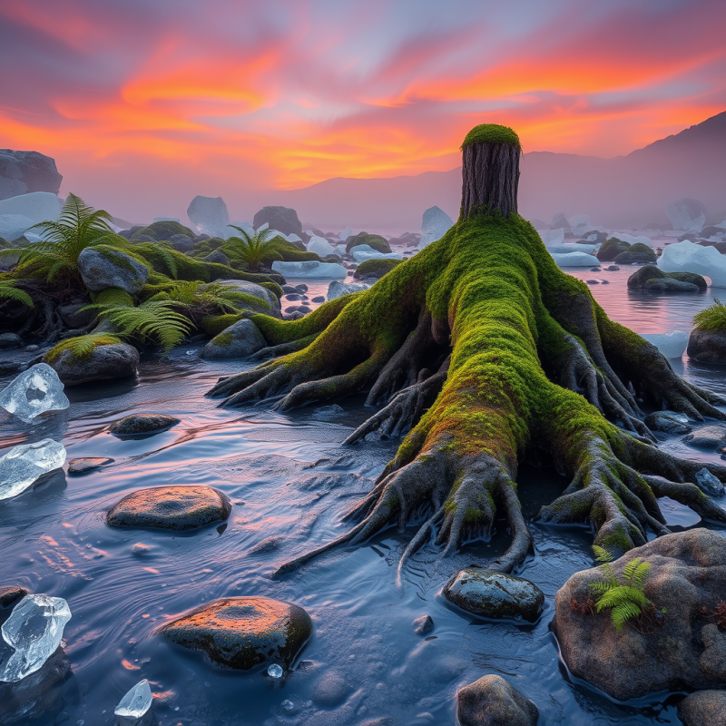 Mossy Tree Roots in Glowing Sunset