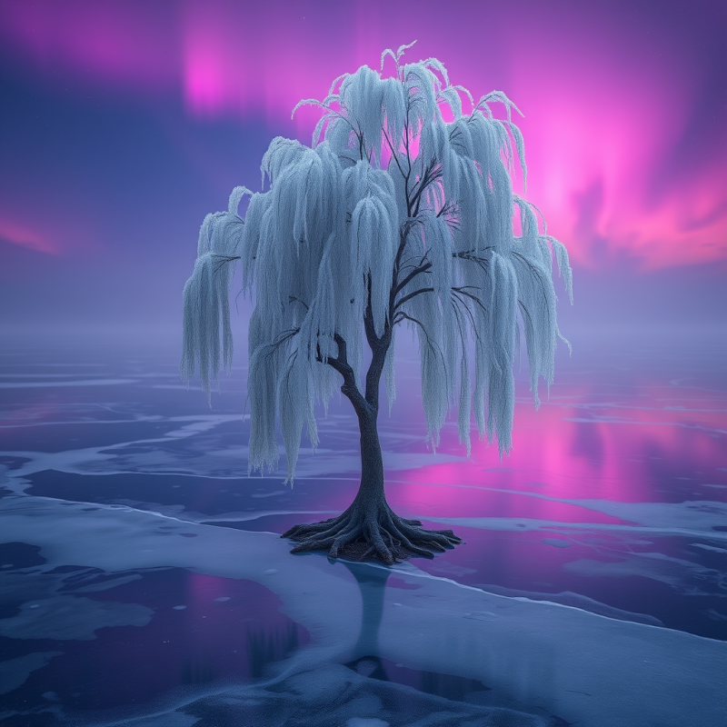 Willow Tree in Purple Aurora Glow